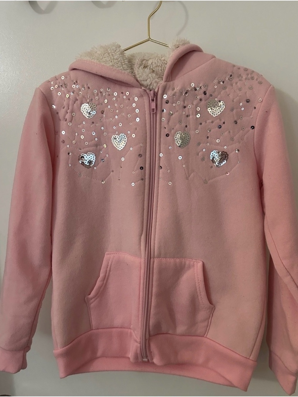 Real Love Girls 7/8 Pink Sherpa Lined Sequin Heart Zip Hoodie